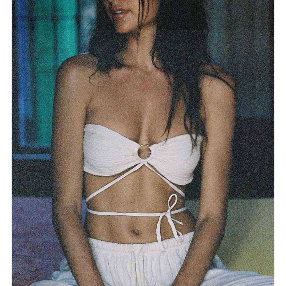 SAVANNAH MORROW Summer Top Women Small Cream Halter Cotton Gauze Beach Resort